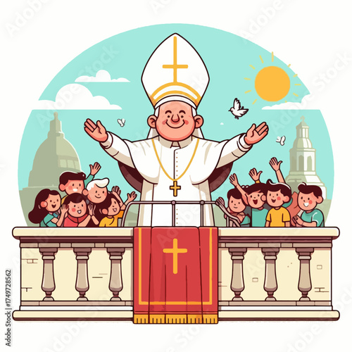 A cheerful Pope stands on a balcony, blessing a crowd of adoring children under a bright sun.