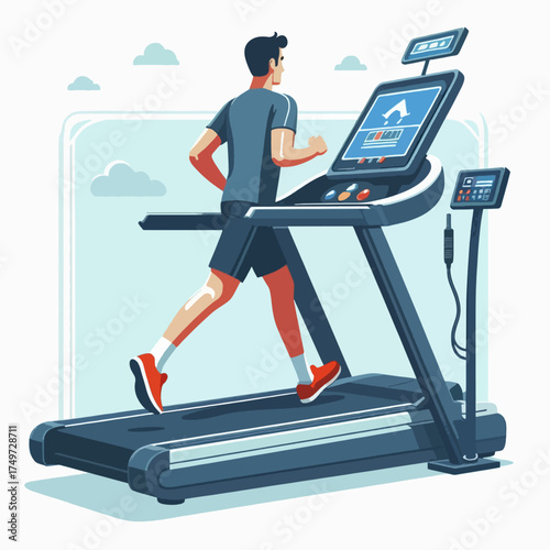 A man in athletic wear running on a modern treadmill with a large interactive display screen.