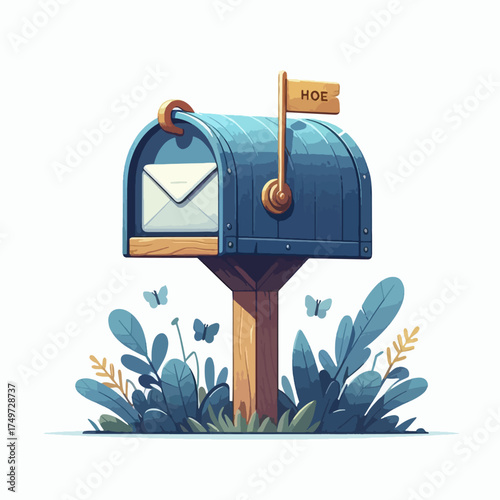 A charming illustration of a blue mailbox on a wooden post with a letter inside, surrounded by stylized blue foliage and butterflies.