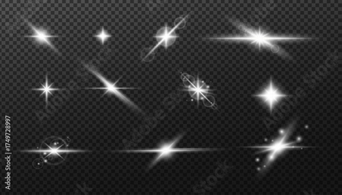 Set of realistic light effects with sun glare, sparkles, lens flares and flicker. Glowing overlays and dynamic highlights for poster, banner, photo editing and vector design