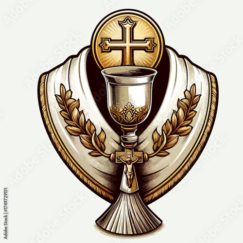 A detailed illustration of a golden chalice and host with a cross, flanked by laurel branches and a white and gold stole, symbolizing Christian Eucharist.