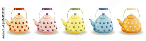 Set of five teapots on a white background. Polka-dotted teapots in retro colors. Vector illustration.