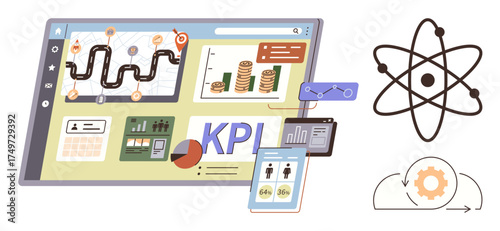Technology dashboard monitoring KPI, charts, financial data, automation gear flow, mobile analysis, atom model. Ideal for analytics, management, strategy optimization automation business growth
