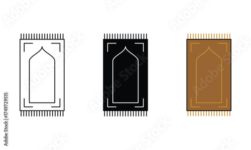 Three minimalist prayer rugs in black, white, and brown, displayed side by side. Simple geometric outline with fringe details, suitable for cultural, religious, or decorative design concepts.