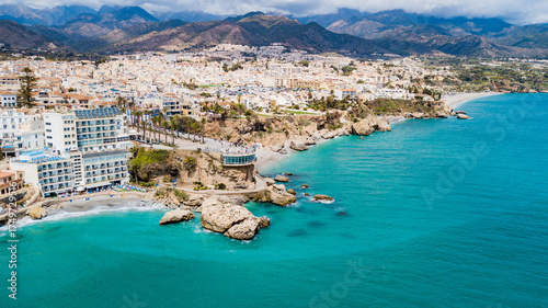 Nerja, Spain - aerial view of the beautiful town on the rocky coast of the Spanish coastline