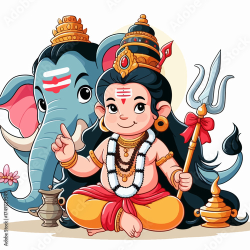 A cute cartoon illustration of Lord Shiva as a child, seated cross-legged with a trident, accompanied by Lord Ganesha.