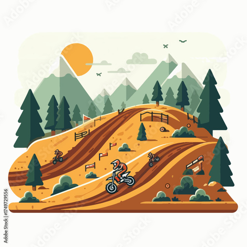 Motocross riders navigate a challenging dirt track amidst a scenic mountain landscape with pine trees and a bright sun.