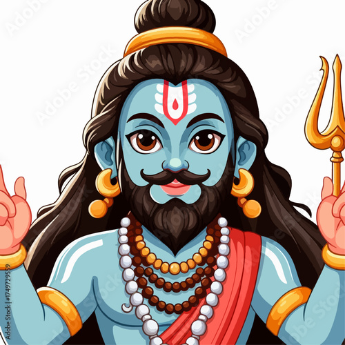 A cartoon illustration of a blue-skinned Hindu deity resembling Lord Shiva with a beard, dreadlocks, and a trident.