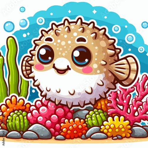 A cute, spiky pufferfish with big blue eyes smiles happily among colorful coral and seaweed in a vibrant underwater scene.