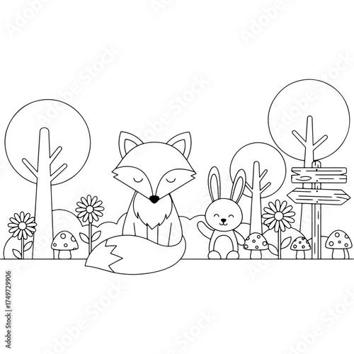 A detailed line art of two cute woodland animals resting in a peaceful setting. This simple and attractive design is ideal for preschool and kindergarten children to practice coloring.