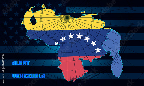 Vector map of Bolivarian Republic of Venezuela in colors of national flag. Inscription, alert. Graphic circles and sectors. Disputed territories. Background of dark us banner