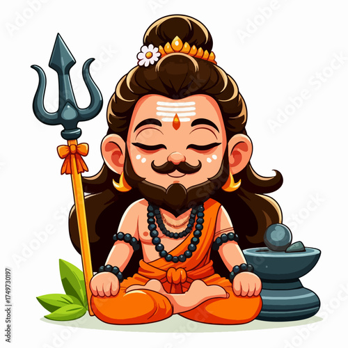 A cute cartoon depiction of Lord Shiva meditating peacefully, holding a trident.
