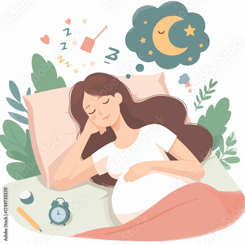 A pregnant woman peacefully sleeping in bed, dreaming of a starry night sky with a crescent moon.