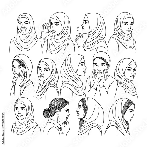 Collection of diverse Muslim women expressing various emotions and actions.