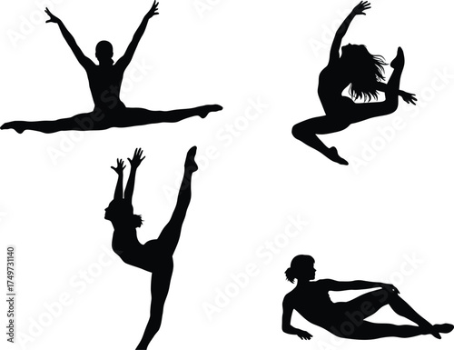 silhouettes of dancers in dynamic poses showcase graceful movement and artistic expression for performance art and design projects