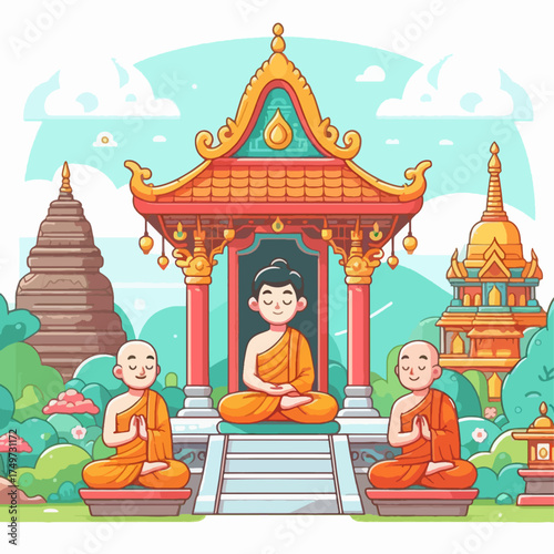 Cartoon illustration of a Buddha meditating under a temple with two monks and traditional Thai architecture in a serene landscape.