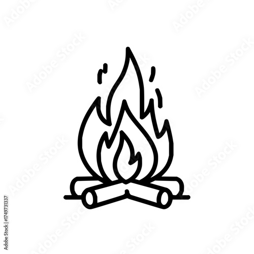 Illustration of a campfire with flames and logs in a simple black outline style on a white background