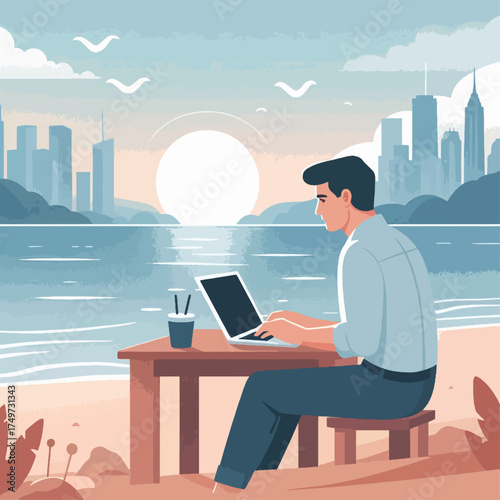 A man working on his laptop on a beach with a city skyline in the background during sunset.