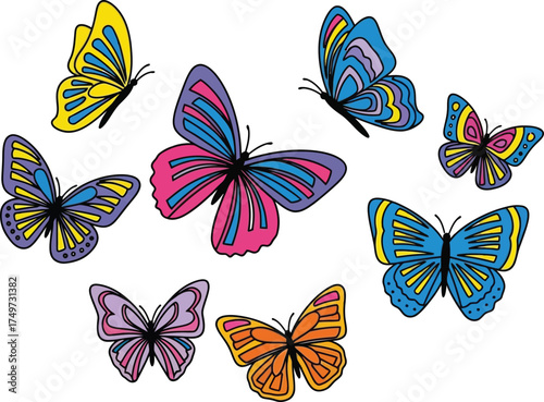 Vibrant butterflies fluttering together offer a whimsical touch for designs, invitations, or springtime promotions needing a splash of color and joy