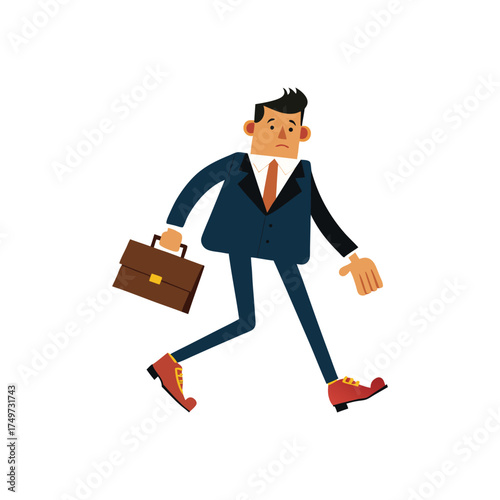 Happy businessman in blue suit walking confidently with briefcase ready for success