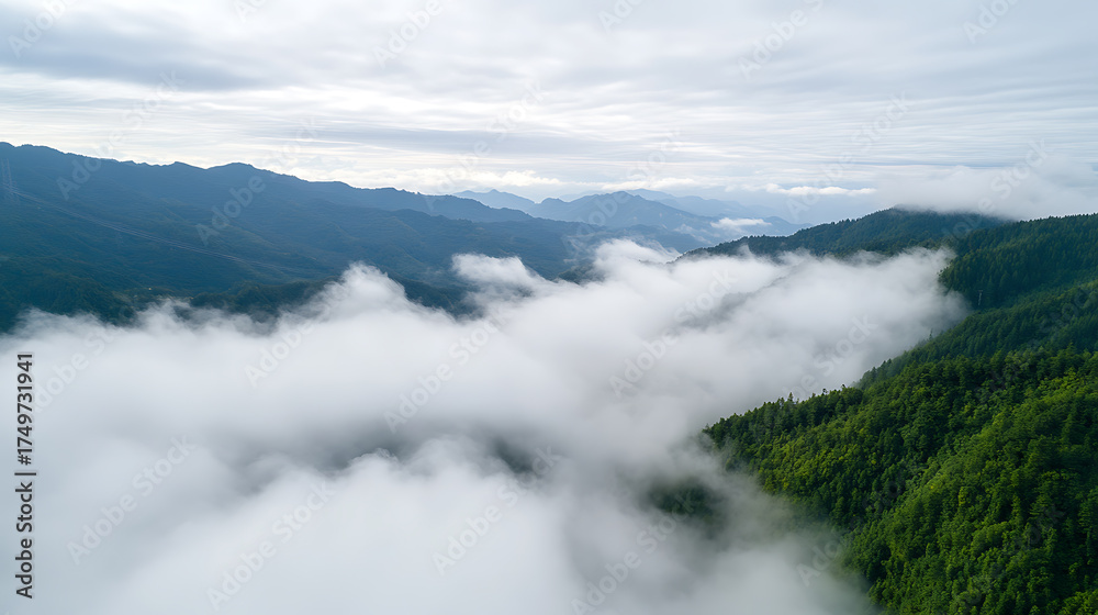 Obraz premium Misty mountain landscape shrouded in low-lying clouds, with green forests, creating a serene and atmospheric aerial perspective.