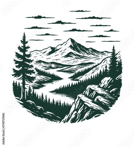 Vintage hand-drawn mountain landscape with river valley, peaceful nature scenery for wall art or travel.