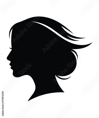 Elegant Female Silhouette Profile with Flowing Hair Vector Art.