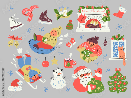 Set of decorative elements for Christmas and New Year. Vector illustration.