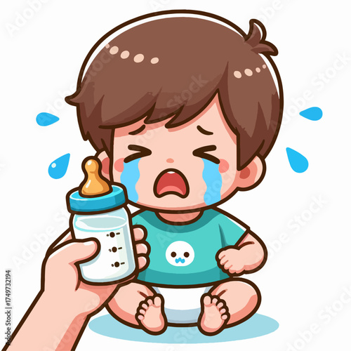 Cartoon baby boy crying with tears while being offered a milk bottle by a hand.