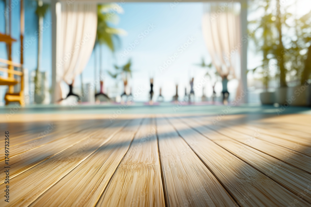 Fototapeta premium Bright blurred yoga studio background with bamboo floor and sunlight filtering through curtains, tropical lifestyle wellness concept