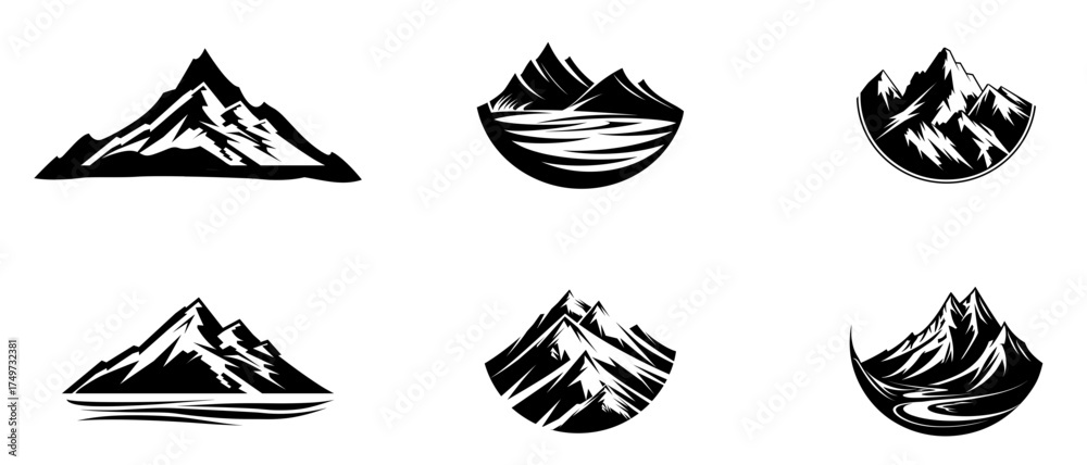 Fototapeta premium Mountain Landscape Icons Set - Adventure Hiking Travel Nature Outdoors