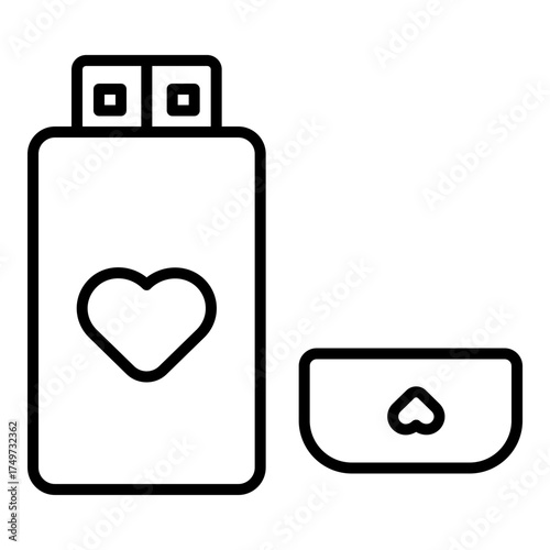 Delicate, linear illustration representing a digital storage stick shown with its protective cap detached. Outline style, appropriate for interfaces dealing with file management, security settings, or