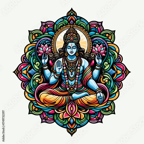 Vibrant illustration of Lord Vishnu meditating within a colorful mandala, symbolizing divine peace and cosmic order.