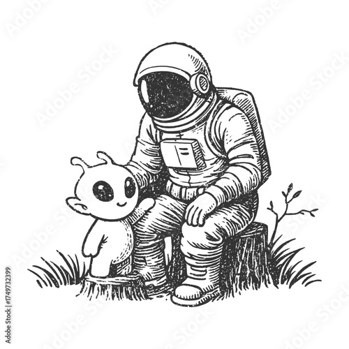 Hand-drawn astronaut meeting a cute alien, vintage sci-fi art with friendship theme for posters or designs.