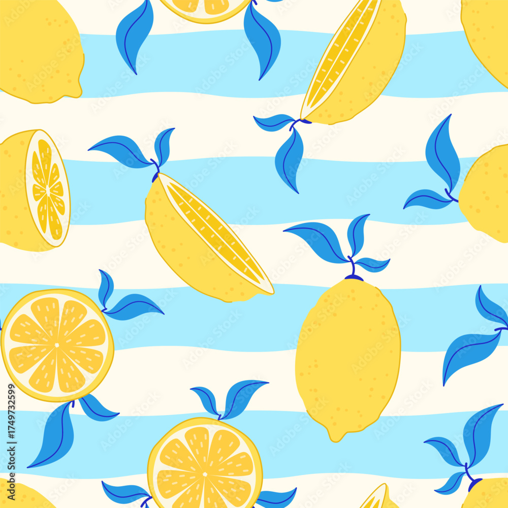 Obraz premium Seamless pattern with lemons, lemon wedges, slices on a striped turquoise background. Bright Mediterranean citrus design in a flat style.