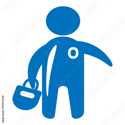 Filled, bright blue icon depicting a simplified human figure carrying luggage or a bag. Strong visual emphasis, suitable for travel services, user profile representation, or tourist guides. Robust aes