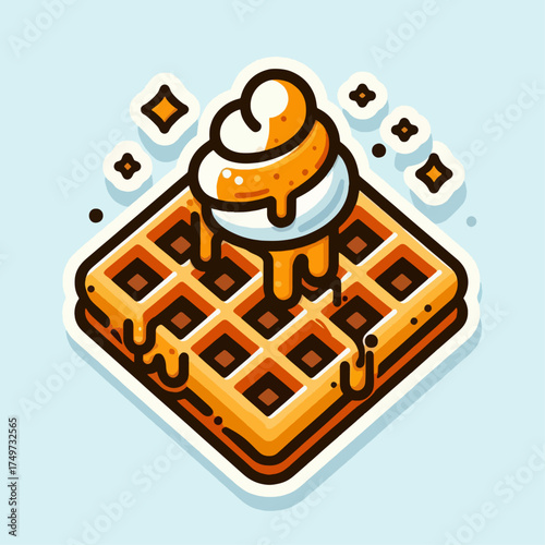 A cartoon illustration of a golden waffle topped with melting ice cream and syrup, featuring a clean graphic style.