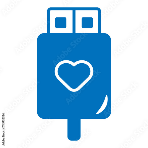 Bright, chunky blue pictogram symbolizing a physical digital storage medium with romantic personalization. Object features sturdy casing, heart emblem, and ready-to-plug connection. Excellent visual m