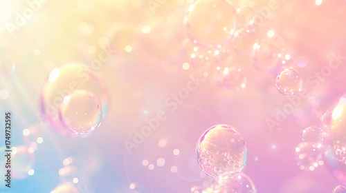 A vibrant abstract background featuring numerous transparent bubbles and soft bokeh lights. Soft gradient tones with iridescent textures and glowing highlights create a dreamy, whimsical feel. Perf