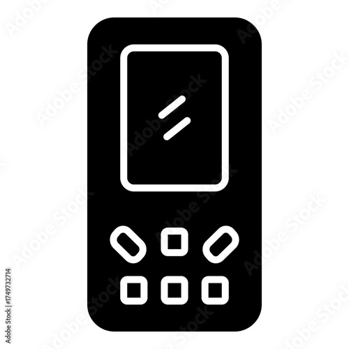Monolithic, simple block figure representing an old-generation handset with visible keypad and screen. Device highlights telecommunication features and basic connectivity. Clear pictogram for classic 