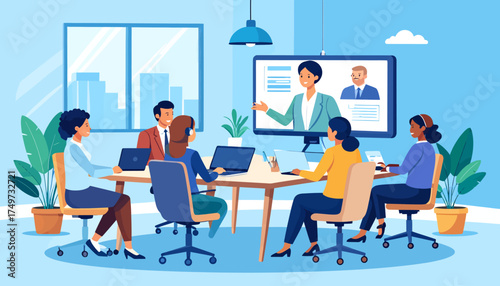 Virtual meeting in a modern office setting, showcasing the dynamics of hybrid work with remote and in-person participants collaborating seamlessly