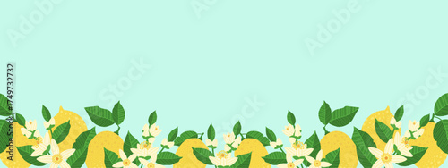 A vibrant lemon banner design on a pale blue background with copy space. Perfect for summer sales, organic product ads, juice packaging, or web designs. Hand-drawn vector illustration