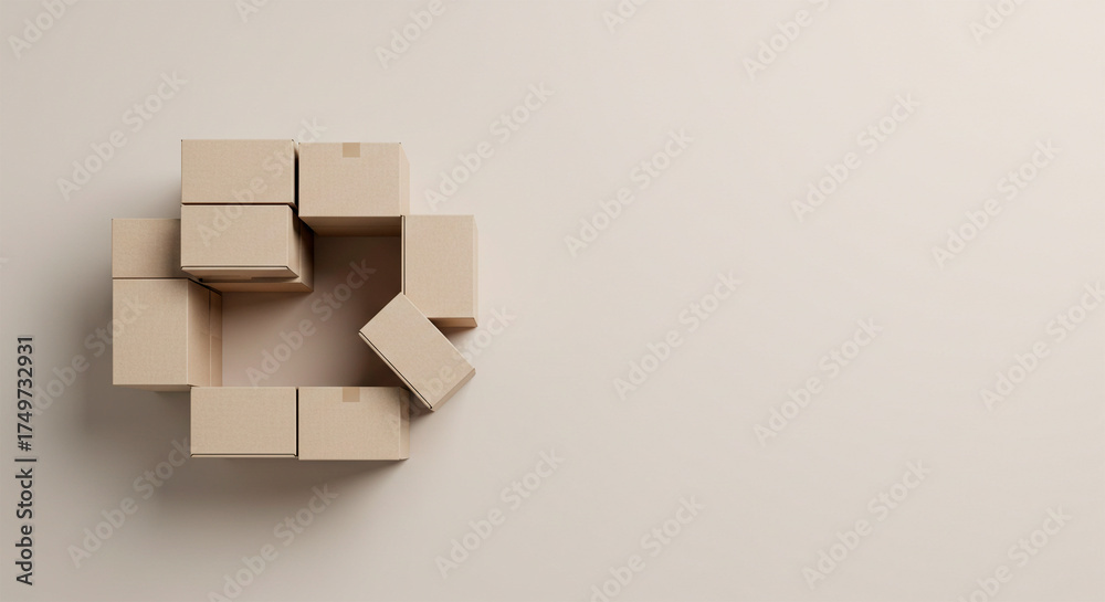 Fototapeta premium Top View of Cardboard Delivery Boxes Arranged on Neutral Background