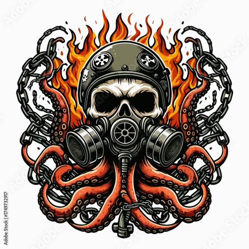 A menacing skull wearing a gas mask and helmet, surrounded by fiery tentacles and chains, symbolizing danger and post-apocalyptic themes.