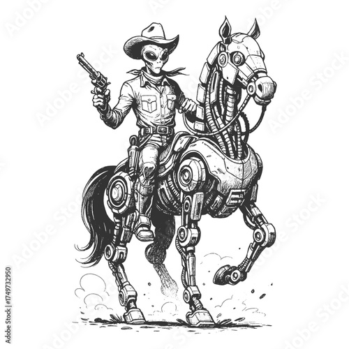 Hand-drawn alien in cowboy outfit riding a robotic horse, vintage sci-fi western art for posters or designs.