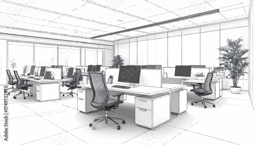 A conceptual architectural sketch of a modern open-plan office illustrating the future of flexible hybrid work environments