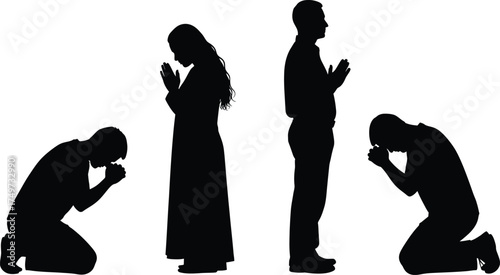 praying people silhouette set showing diverse faith moments of hope reflection and spirituality for design themes