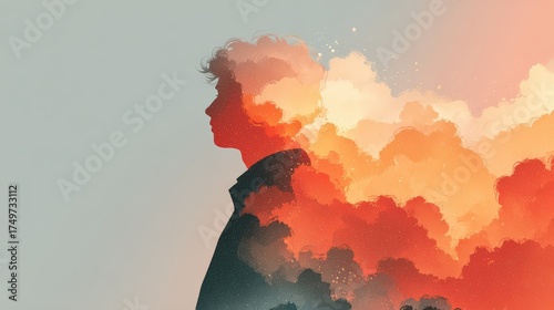 Dreamy silhouette with colorful clouds and abstract design