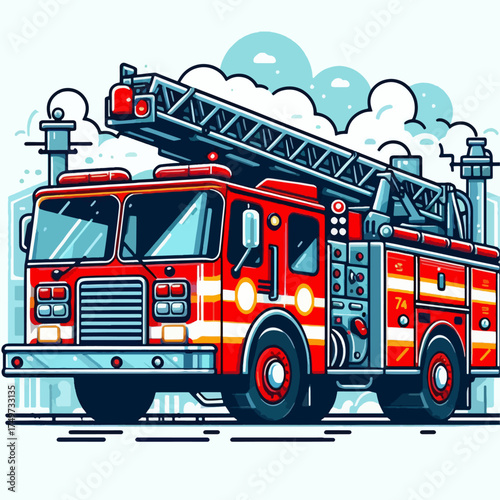 Vibrant red fire truck with an extended ladder, illustrated in a clean, cartoonish style against a light background with subtle cloud elements.