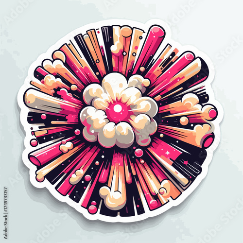 A vibrant, abstract explosion of colorful rays and fluffy clouds emanating from a central point.